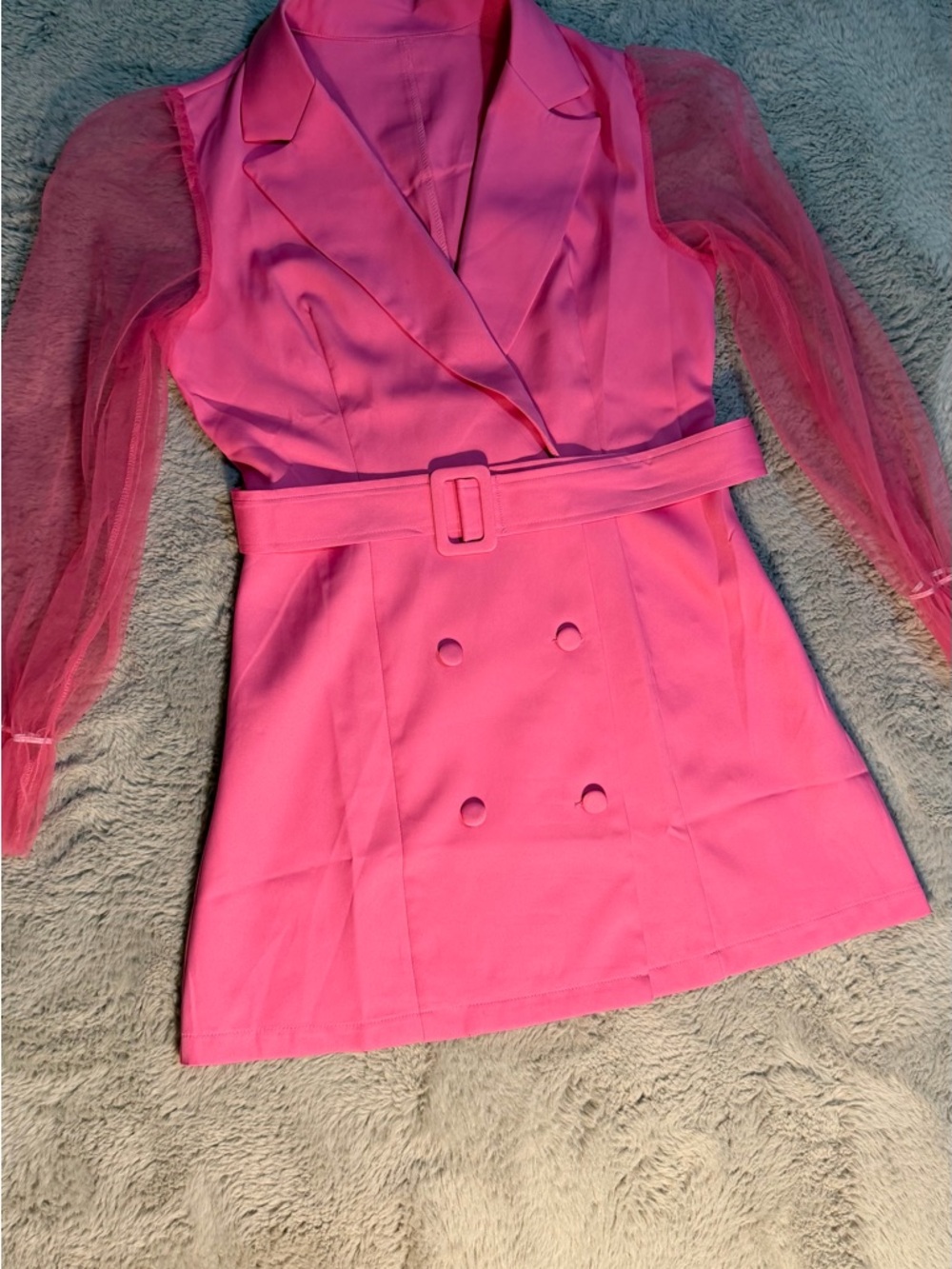 SHEIN Hot Pink Double-Breasted Mini Dress with Sheer Mesh Sleeves
